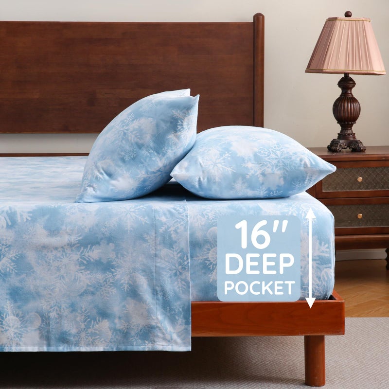 LONAVA 100% Cotton Flannel Sheet Set 4 Pieces, Heavy-Duty Fluffy Flannel Design, Thermal Lock Technology, 16 inch Deep Pocket Cozy Soft Bedsheets,(King,Snowflake) - Image 5