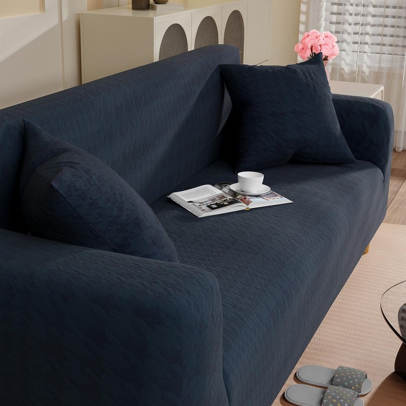 Lukzer 3 Seater Pastel Marine Blue Square Knit Pattern Sofa Cover 240 GSM Universal Sofa Cover with 2 Cushion Cover Stretch Fit Jacquard Fabric AntiSlipWashable Protector 180230cmSC18003 - Image 1