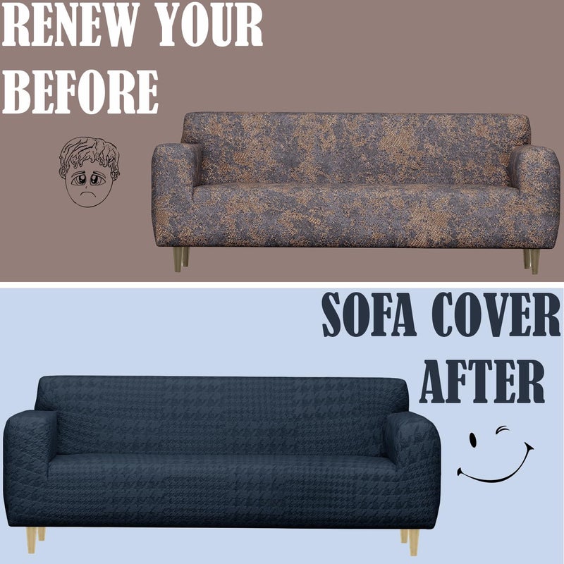 Lukzer 3 Seater Pastel Marine Blue Square Knit Pattern Sofa Cover 240 GSM Universal Sofa Cover with 2 Cushion Cover Stretch Fit Jacquard Fabric AntiSlipWashable Protector 180230cmSC18003 - Image 4