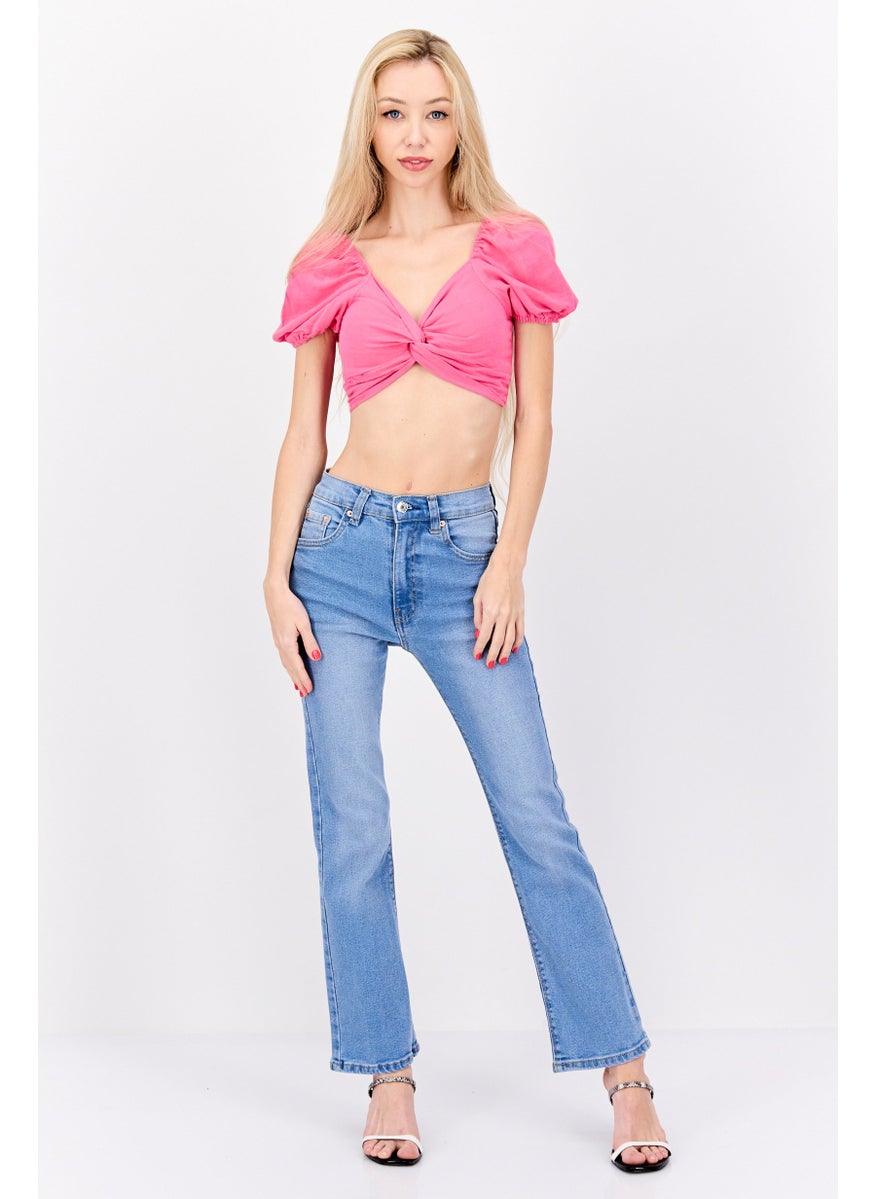 Flounce London - Women Petite V Neck Balloon Sleeve Plain Crop Top, Pink - Image 1