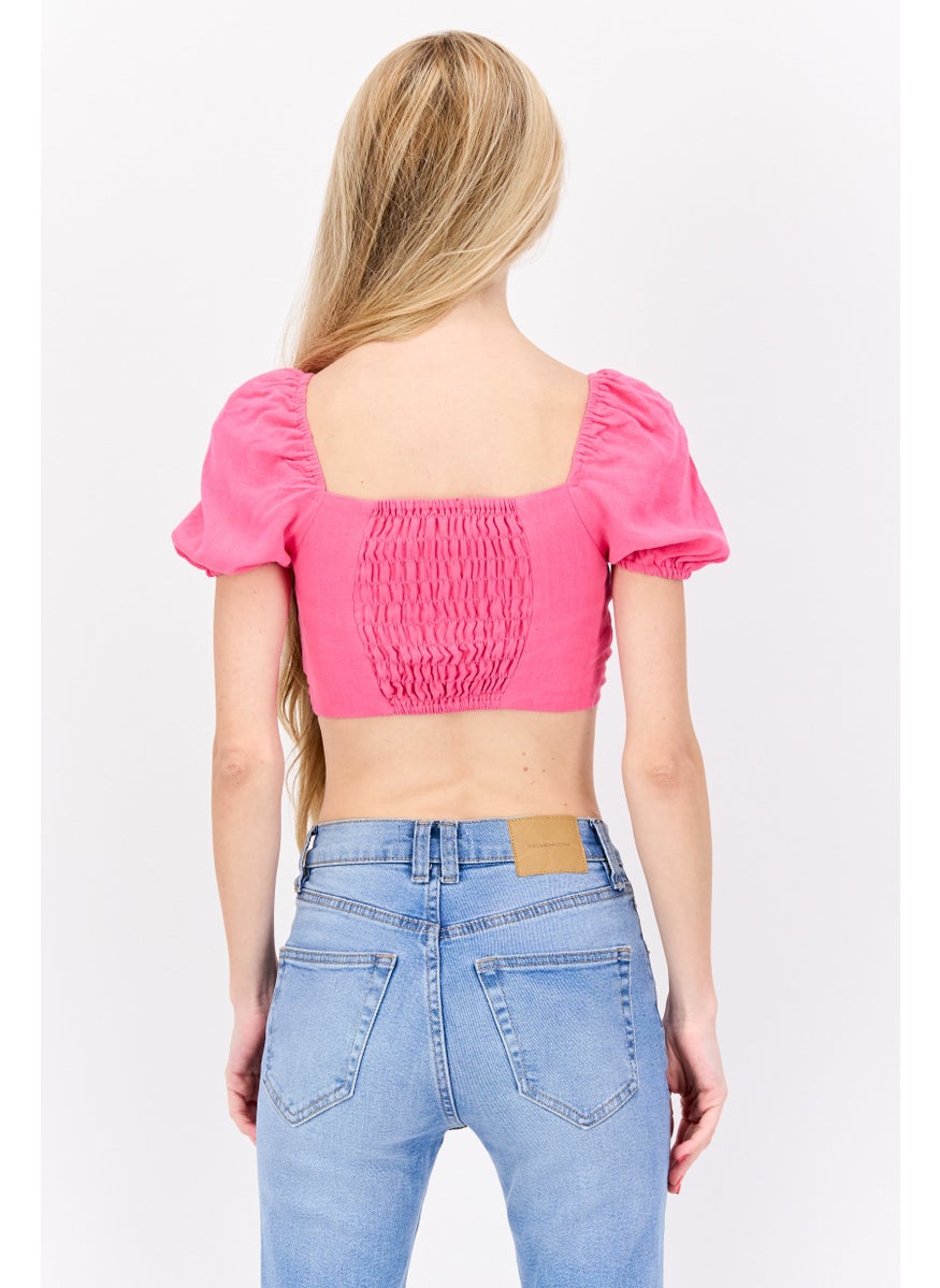 Flounce London - Women Petite V Neck Balloon Sleeve Plain Crop Top, Pink - Image 1