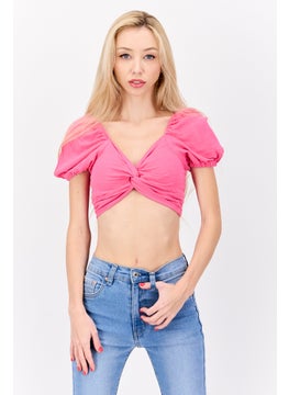 Women Petite V Neck Balloon Sleeve Plain Crop Top, Pink