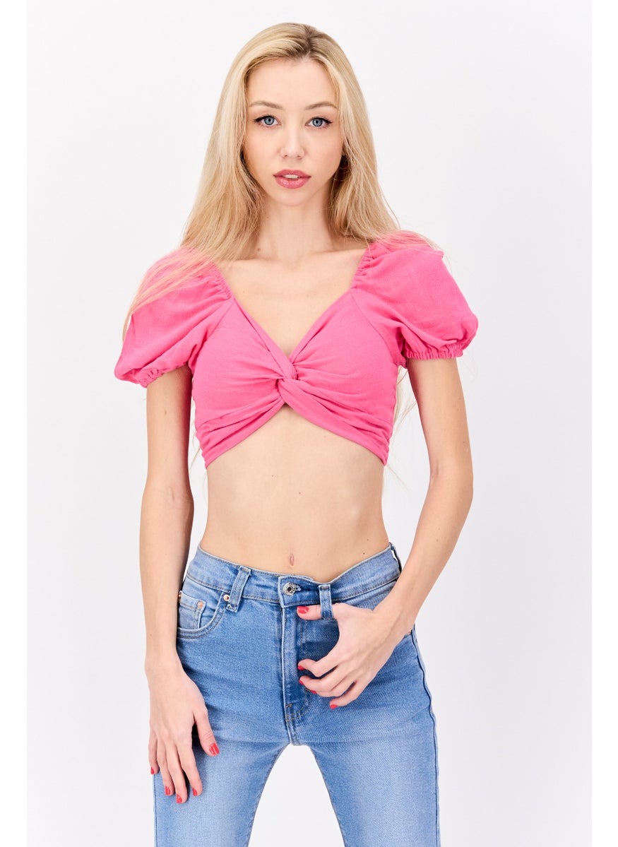 Flounce London - Women Petite V Neck Balloon Sleeve Plain Crop Top, Pink - Image 1