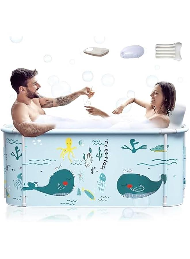 MIXDE 140CM/53 Extra Large Portable Foldable Bathtub with Cover for Adult, Family SPA Soaking Tub for Small Bathroom, Thicken Multiple Layer Bathtub with Lid for Shower Stall (Ocean Style)