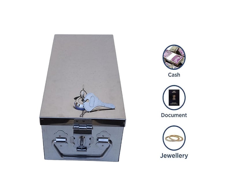 GinoSet ® Stainless Steel Safe Bank Locker Boxes For Jewellery Boxes, Check book Box, Cash Box Size - 12 Inch (L-31cm, W-13cm, H-9.5cm)(With Pre fited Lock & 2 Key) (Standard Jewel 12) - Image 2