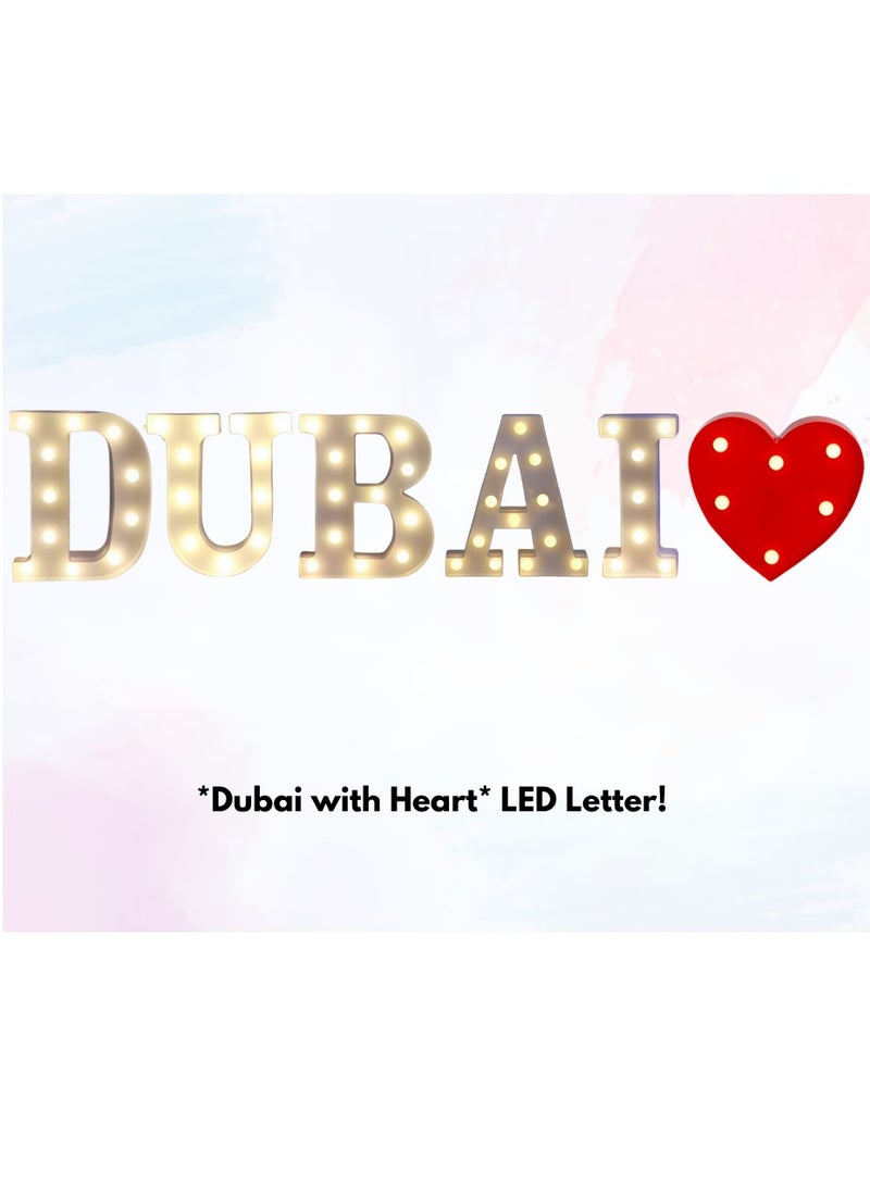 Vitacelli Alphabet LED Letter Lights Light Up Plastic Letters Standing Hanging DUBAI with HEART( 8.54in x 7.2in x 1.7inches )
