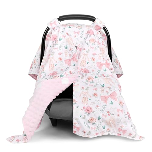 GFU Baby Car Seat Cover Soft Minky Warm Winter Car Seat Canopy for Infants Toddlers Opening with Adjustable Strap Breathable Nursing Cover Stroller Blanket Pink Flowers Fits Most Car Seats - Image 1