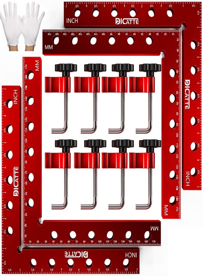 DICATTE 90 Degree Positioning Square Right Angle Clamp 7.1" x 7.1" Aluminum Alloy Woodworking Carpenter Tool,4 Pcs Right Angle Clamps With 8 Clamps,For Picture Frame Box Cabinets Drawers - Image 1