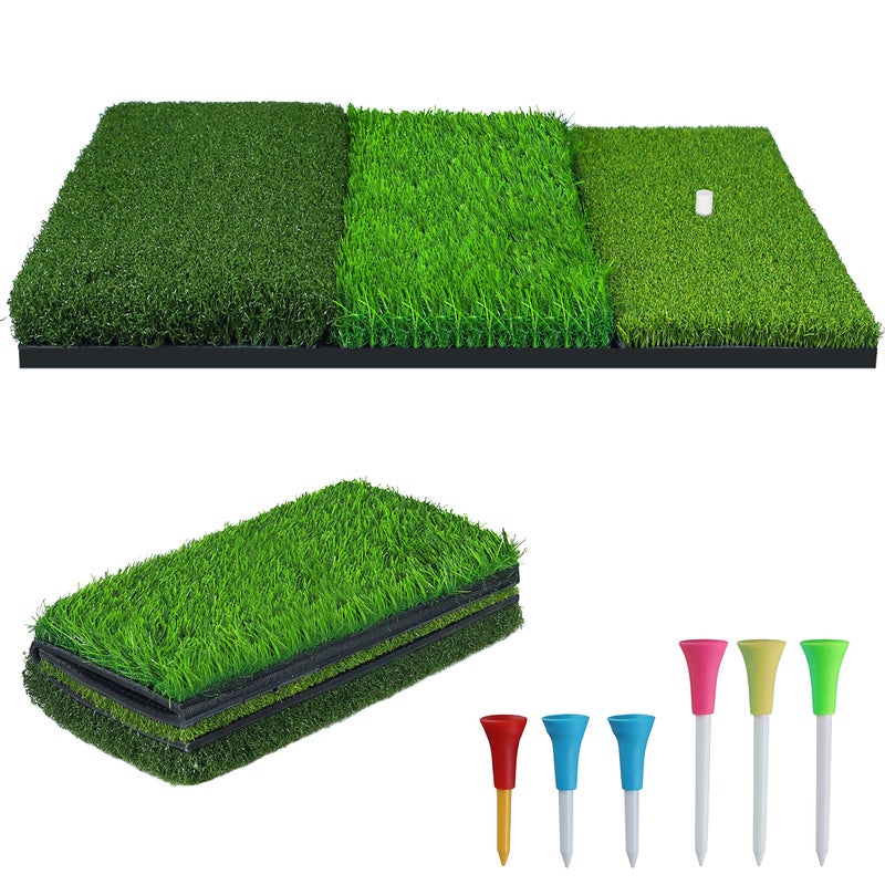 NEWCARE Golf Hitting Mat 3in1 Foldable Golf Mat Indoor Outdoor TriTurf Golf Practice Mat Traint Aid Batting for Chipping Swing Detection Portable Personal Driving Range for Backyard