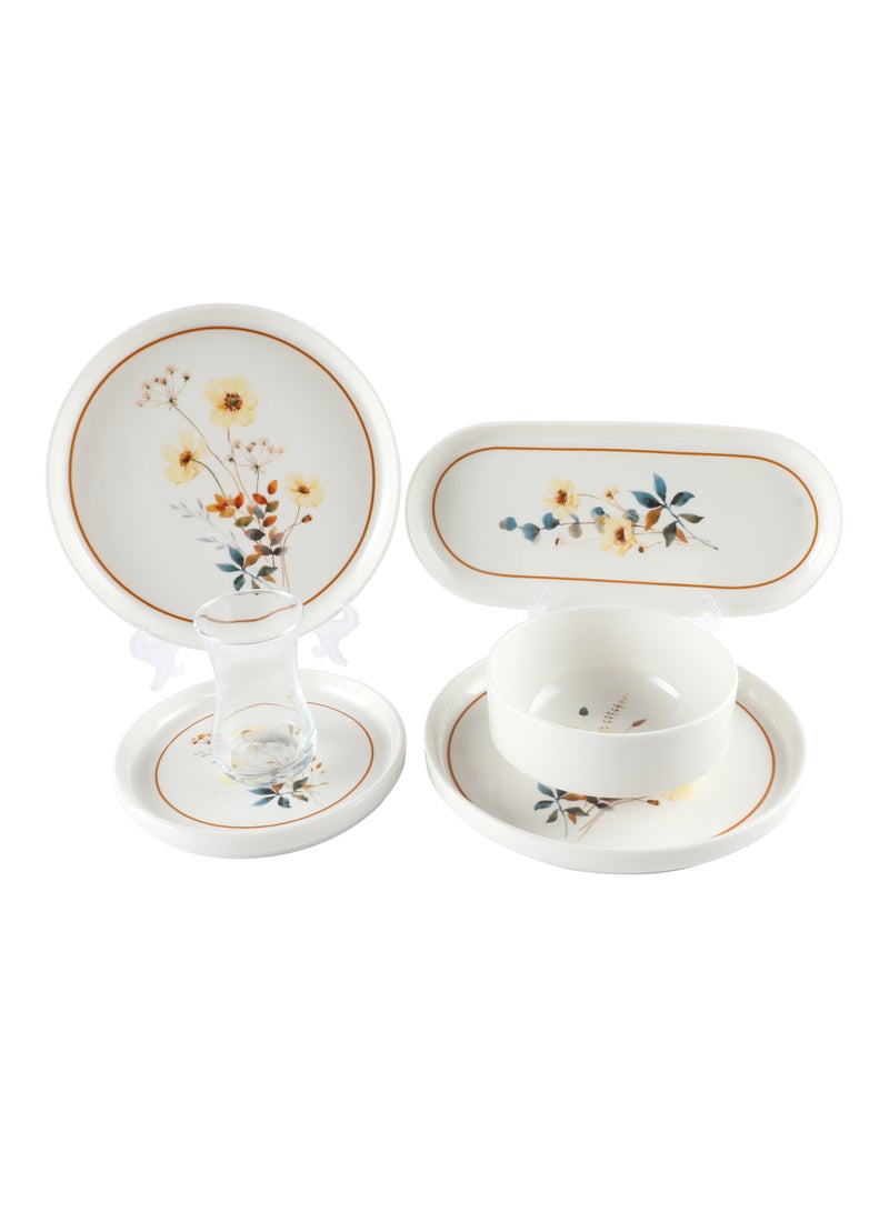 Noon East 27 Piece Porcelain Dinnerware Set, 1x27cm Dinner Plate, 6x20cm Salad Plates, 6x15cm Saucer Plates, 2x26cm Oval Plates, 2x20cm Oval Plates, 4x Bowls, 6xGlass Cups | Dishwasher and Microwave Safe | Floral Garden Design - Image 5