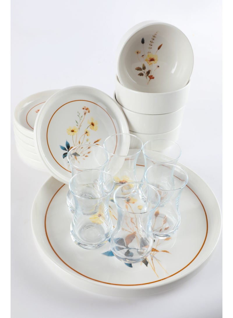 Noon East 27 Piece Porcelain Dinnerware Set, 1x27cm Dinner Plate, 6x20cm Salad Plates, 6x15cm Saucer Plates, 2x26cm Oval Plates, 2x20cm Oval Plates, 4x Bowls, 6xGlass Cups | Dishwasher and Microwave Safe | Floral Garden Design - Image 4