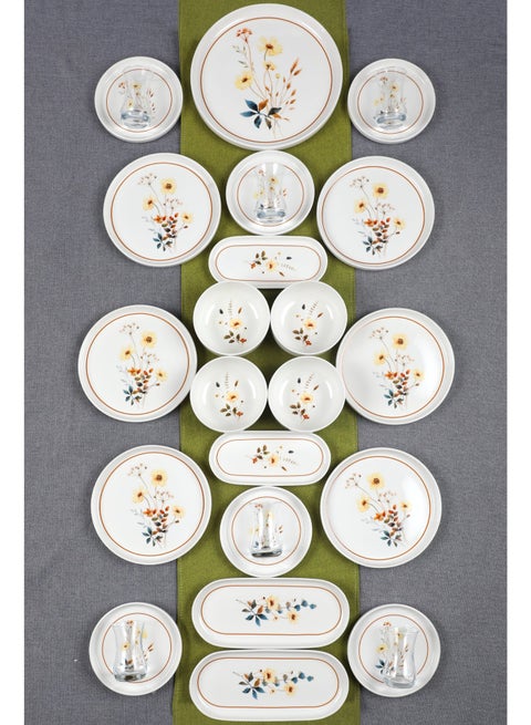 27 Piece Porcelain Dinnerware Set, 1x27cm Dinner Plate, 6x20cm Salad Plates, 6x15cm Saucer Plates, 2x26cm Oval Plates, 2x20cm Oval Plates, 4x Bowls, 6xGlass Cups | Dishwasher and Microwave Safe | Floral Garden Design