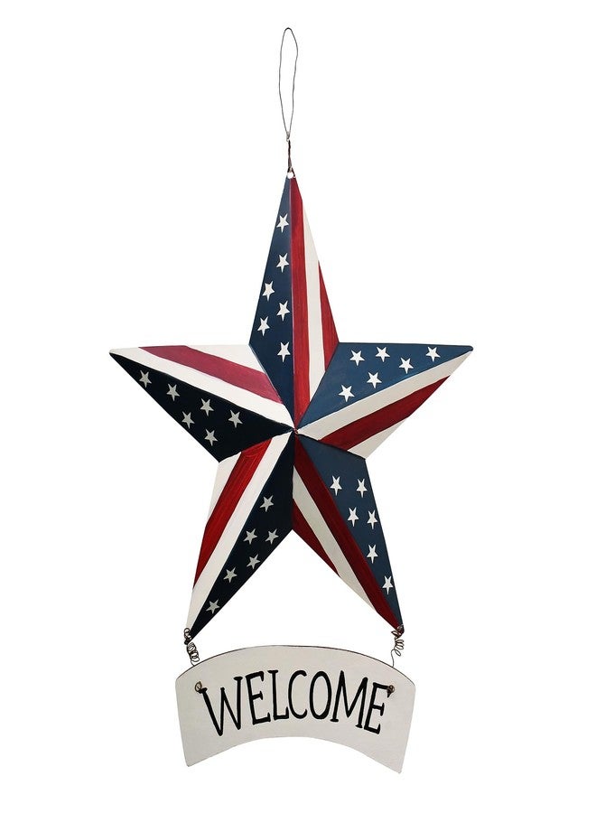 Linfevisi Metal American Flag Barn Star Wall Decor Patriotic Hanging USA Red White Blue Star Stripes Welcome Wall Art Outdoor 4th of July Decorations for Door Window Outside Country Farmhouse 12 Inch - Image 1