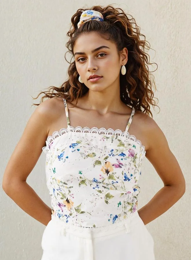 2Xtremz 2Xtremz Floral Print Tank Top with Lace Inserts