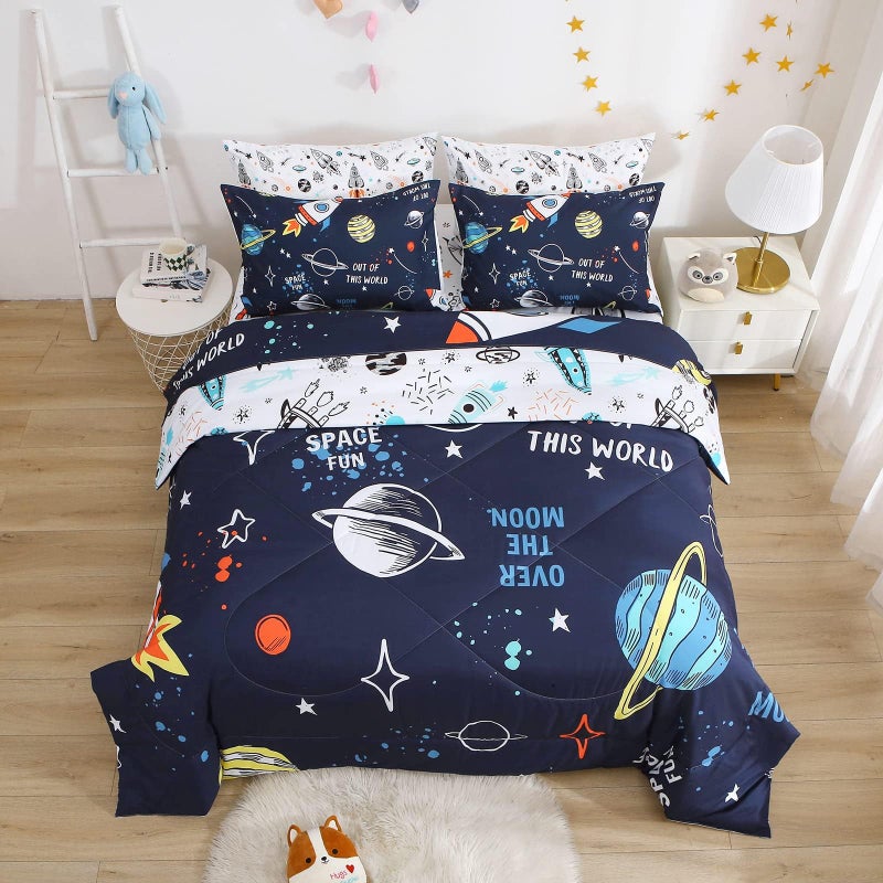 Yasida 7 Piece Kid Comforter Set Queen Size Outer Space Rocket Bedding Set for Teen Boys Galaxy Bedding Queen Set 1 Comforter 1 Flat Sheet 1 Fitted Sheet 4 Pillowcases