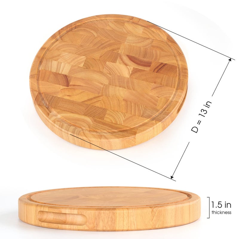 FANICHI Extra Large & Thick Wood Cutting Board 13 x 13 x1.5 Inch, End Grain Built-In Compartment and Juice Canal, Heavy Duty Chopping Board, Thick Carving Board for Bread Fruits (Round: 13 x 13 x 1.5 inch) - Image 2