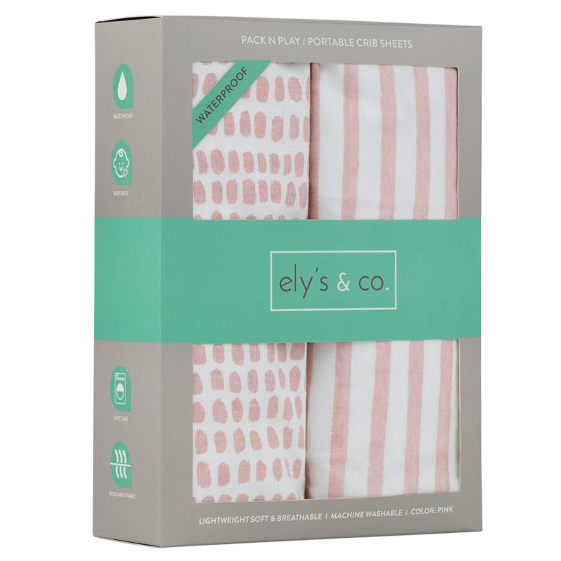 Ely's & Co. Elyâ€™s & Co. Waterproof Pack and Play/Mini Crib Sheets â€“ All-in-One Mattress Protector and Fitted Playard Sheets â€“ Jersey Cotton â€“ Mauve Pink Splash & Stripes, Baby Girl Nursery Bedding â€“ 2-Pack - Image 1