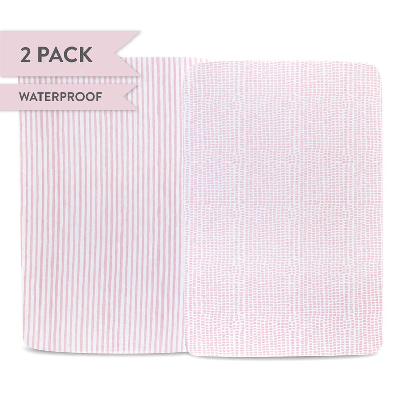 Ely's & Co. Elyâ€™s & Co. Waterproof Pack and Play/Mini Crib Sheets â€“ All-in-One Mattress Protector and Fitted Playard Sheets â€“ Jersey Cotton â€“ Mauve Pink Splash & Stripes, Baby Girl Nursery Bedding â€“ 2-Pack - Image 2