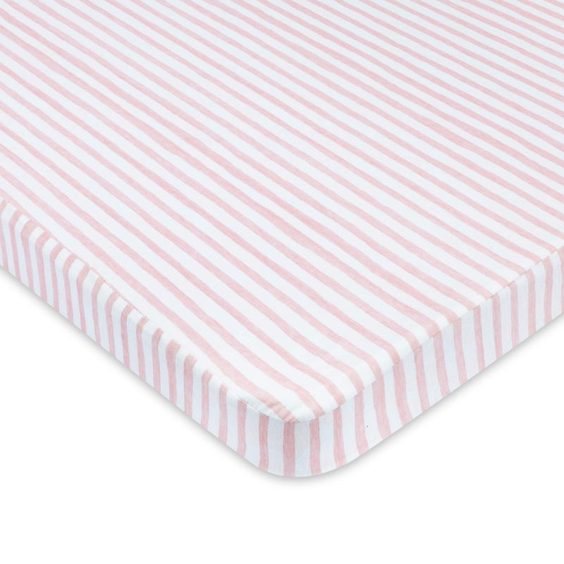 Ely's & Co. Elyâ€™s & Co. Waterproof Pack and Play/Mini Crib Sheets â€“ All-in-One Mattress Protector and Fitted Playard Sheets â€“ Jersey Cotton â€“ Mauve Pink Splash & Stripes, Baby Girl Nursery Bedding â€“ 2-Pack - Image 4