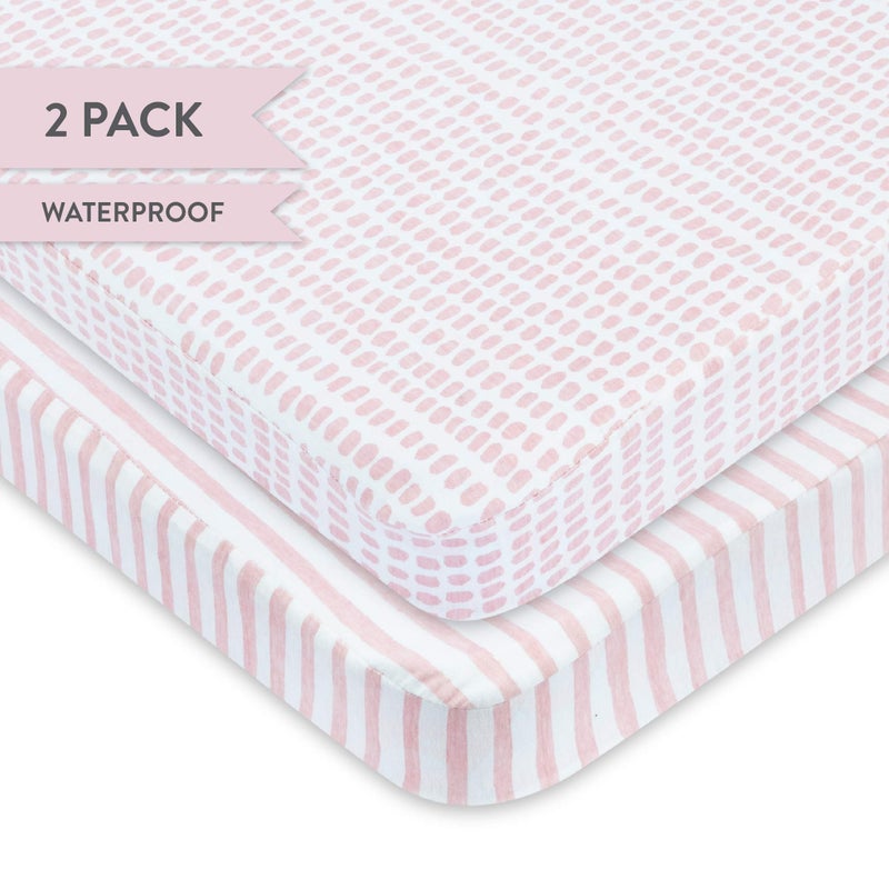 Ely's & Co. Elyâ€™s & Co. Waterproof Pack and Play/Mini Crib Sheets â€“ All-in-One Mattress Protector and Fitted Playard Sheets â€“ Jersey Cotton â€“ Mauve Pink Splash & Stripes, Baby Girl Nursery Bedding â€“ 2-Pack - Image 5