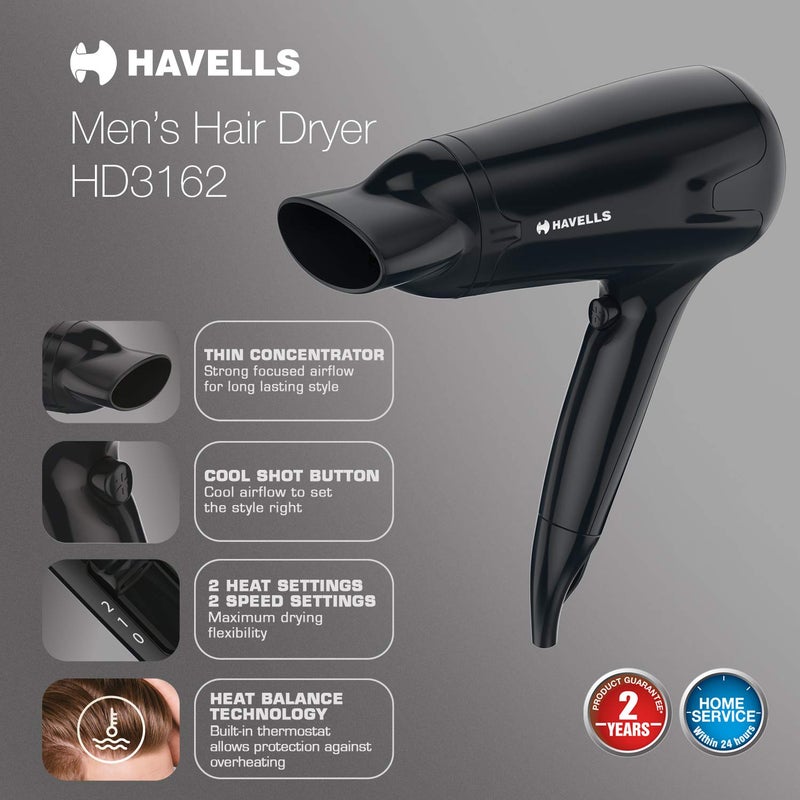 Havells مجفف شعر هافيلز HD3162 للرجال بقوة 1565 وات مع مركز رفيع وزر تبريد؛ تقنية توازن الحرارة (أسود) - Image 3