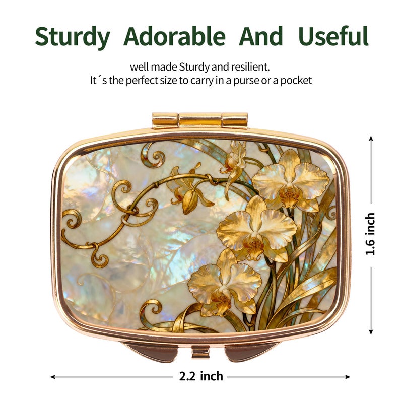 Dynippy Pill Case Pill Box with Mirror Retro Pocket 2 Compartment Medicine Case Vitamin Pill Organizer for Pocket Purse and Travel (Gold- Enamel Copper Flowers) - Image 2