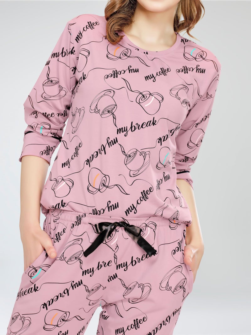 ZEYO Night Suit for Women's Mauve Cup & Saucer Printed Cotton Night Dress of Top and Pajama Set 5788 - Image 2