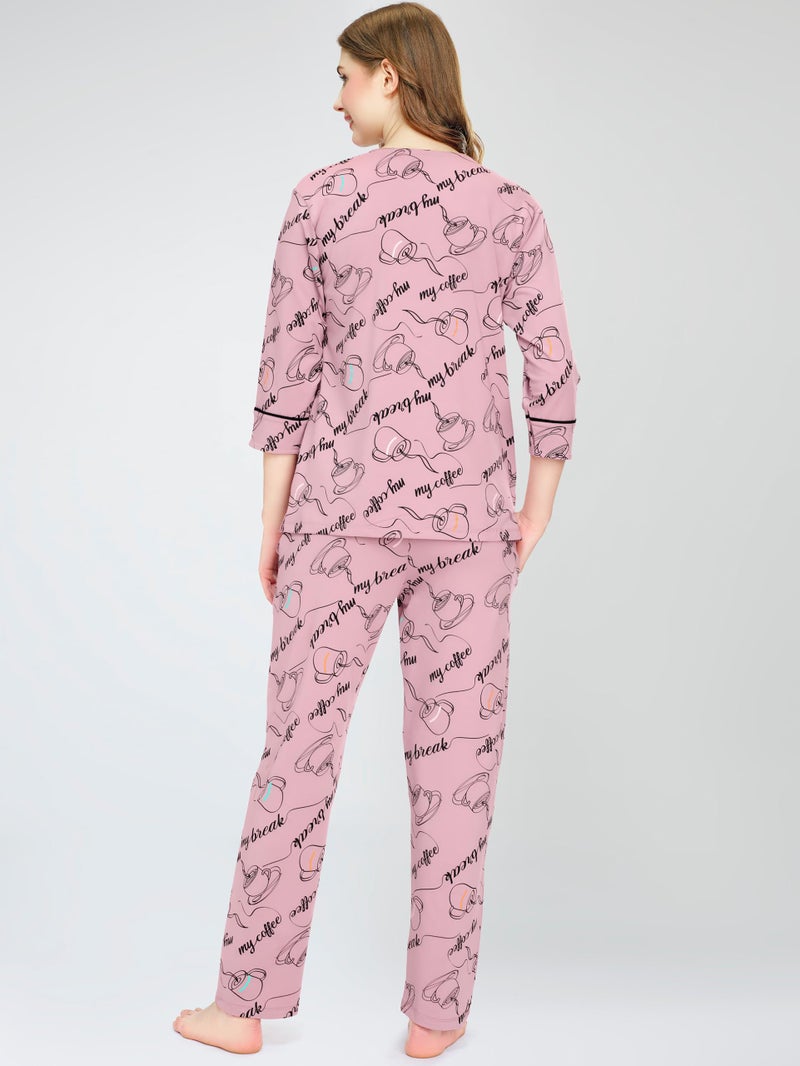 ZEYO Night Suit for Women's Mauve Cup & Saucer Printed Cotton Night Dress of Top and Pajama Set 5788 - Image 5