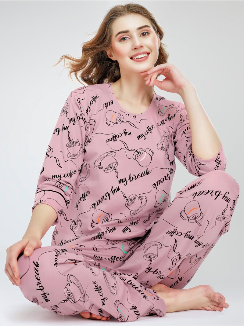ZEYO Night Suit for Women's Mauve Cup & Saucer Printed Cotton Night Dress of Top and Pajama Set 5788 - Image 3