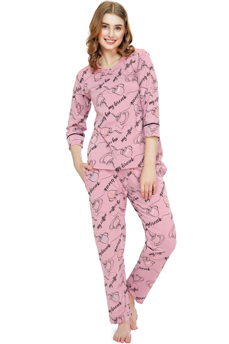 ZEYO Night Suit for Women's Mauve Cup & Saucer Printed Cotton Night Dress of Top and Pajama Set 5788 - Image 1