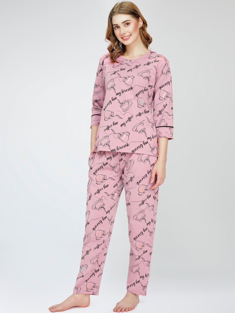 ZEYO Night Suit for Women's Mauve Cup & Saucer Printed Cotton Night Dress of Top and Pajama Set 5788 - Image 4
