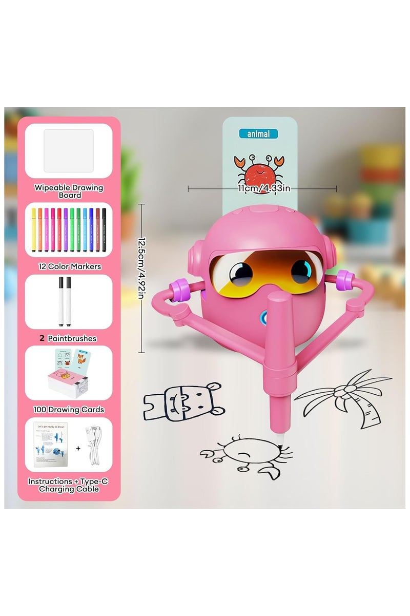 MOMENT MOMENT Drawing Robot for Kids, Interactive Educational Drawing Robot for Kids, Magic Painting Robot Toy with 100 Word Cards & 12 Color Pens for Girls and Boys Age 3+ (Pink) - Image 2