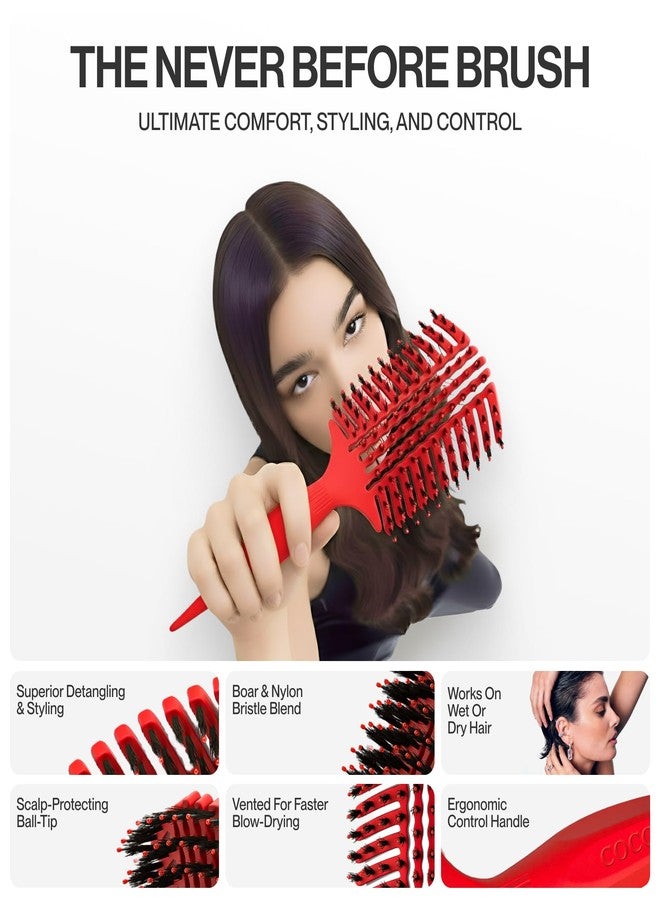 COCCO Aura Vent Boar Brush | Vented Dual-Curved Design for Faster Drying, Effortless Detangling & Shine, Boar + Nylon Bristles, Ergonomic Comfort Handle for Wet & Dry Hair Styling - Red - Image 4
