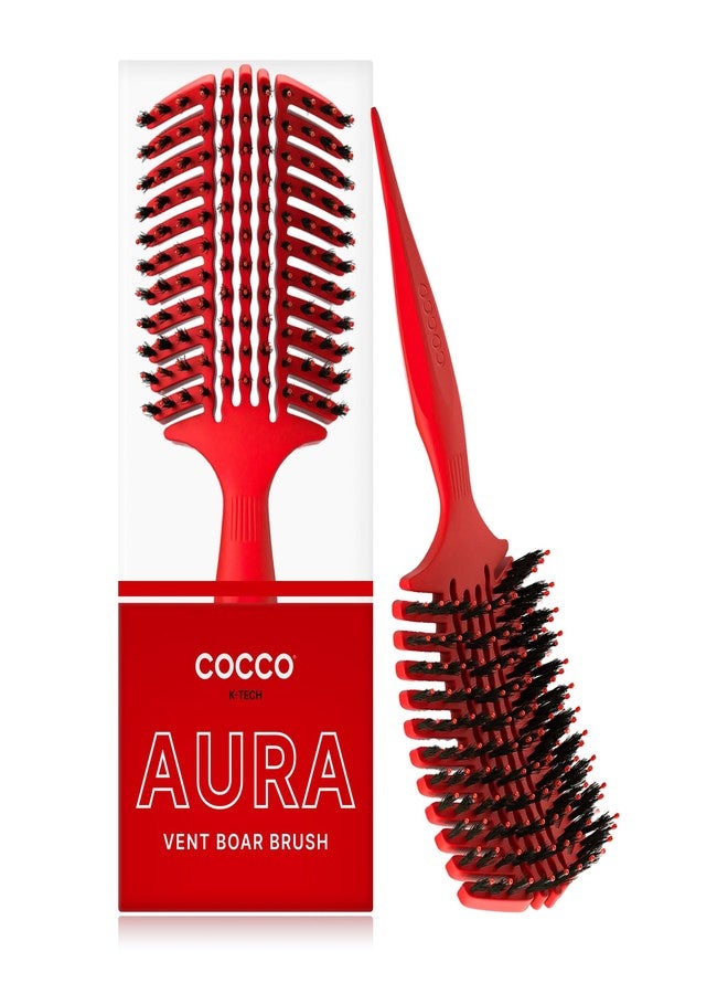 COCCO Aura Vent Boar Brush | Vented Dual-Curved Design for Faster Drying, Effortless Detangling & Shine, Boar + Nylon Bristles, Ergonomic Comfort Handle for Wet & Dry Hair Styling - Red - Image 1