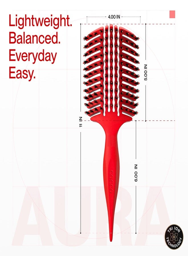 COCCO Aura Vent Boar Brush | Vented Dual-Curved Design for Faster Drying, Effortless Detangling & Shine, Boar + Nylon Bristles, Ergonomic Comfort Handle for Wet & Dry Hair Styling - Red - Image 3
