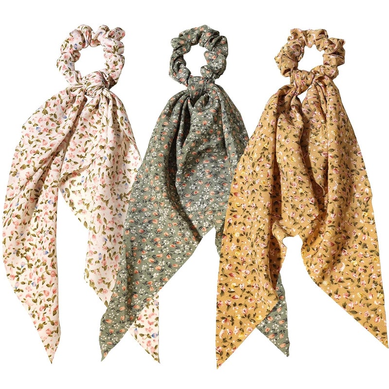 LFOUVRE 3pcs Women Ribbon Scrunchies Bow Knotted Classic Floral Pattern Hair Ties Vintage Bunny Ear Ponytail Holders Hair Accessories - Image 1