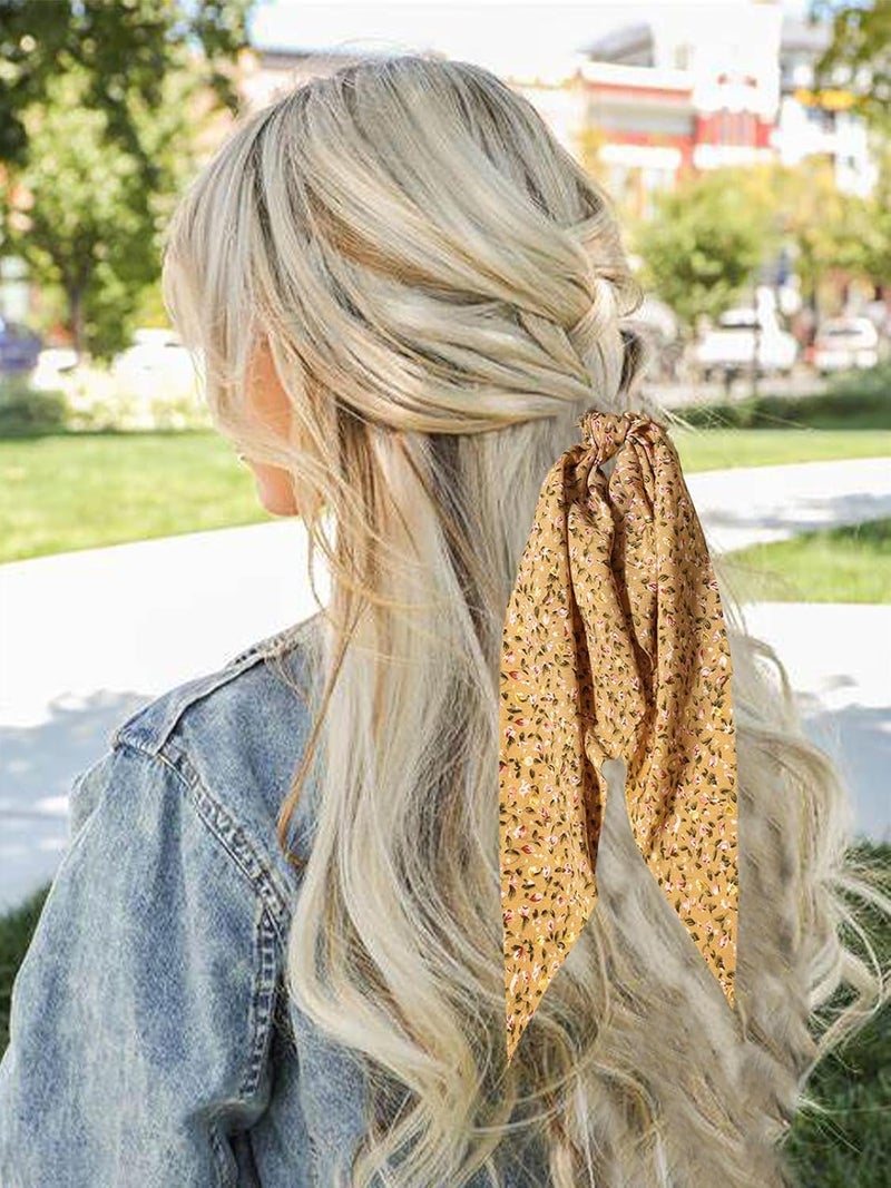 LFOUVRE 3pcs Women Ribbon Scrunchies Bow Knotted Classic Floral Pattern Hair Ties Vintage Bunny Ear Ponytail Holders Hair Accessories - Image 2