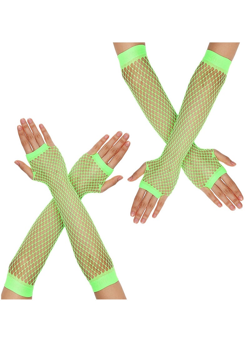 SUNSAR 2 Pairs Fishnet Gloves Fingerless Long Mesh Gloves for Women Fishnet Arm Sleeves (Green) - Image 1