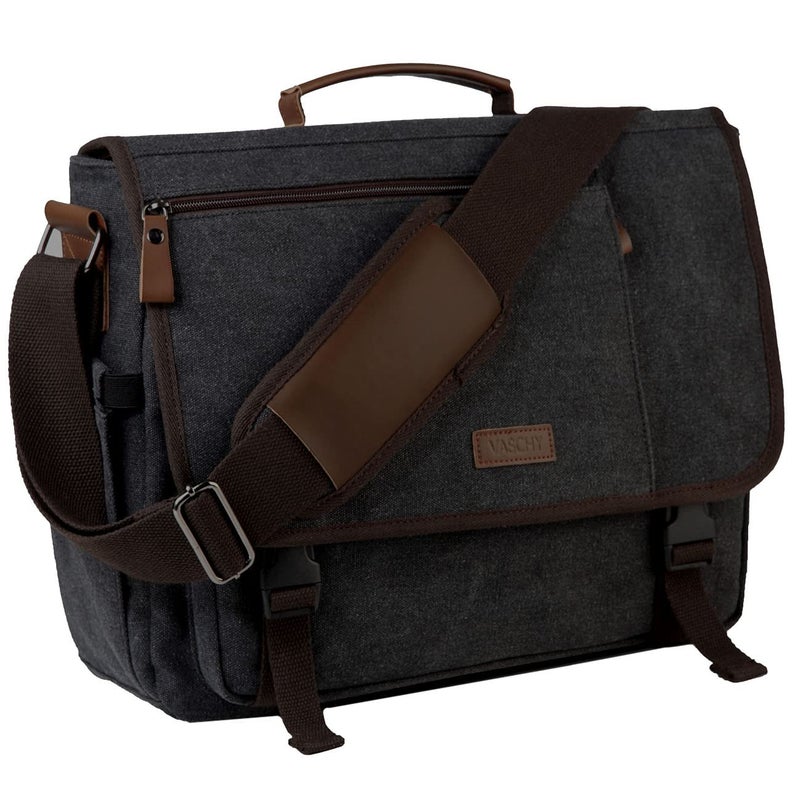 VASCHY Messenger Bag, Waxed Canvas Man Bag 15.6 inch Laptop Shoulder Bag for Men Women Water Resistant Briefcase Satchel with Shoulder Strap and Luggage Sleeve for Work,School,Business Trip (Grey) - Image 1