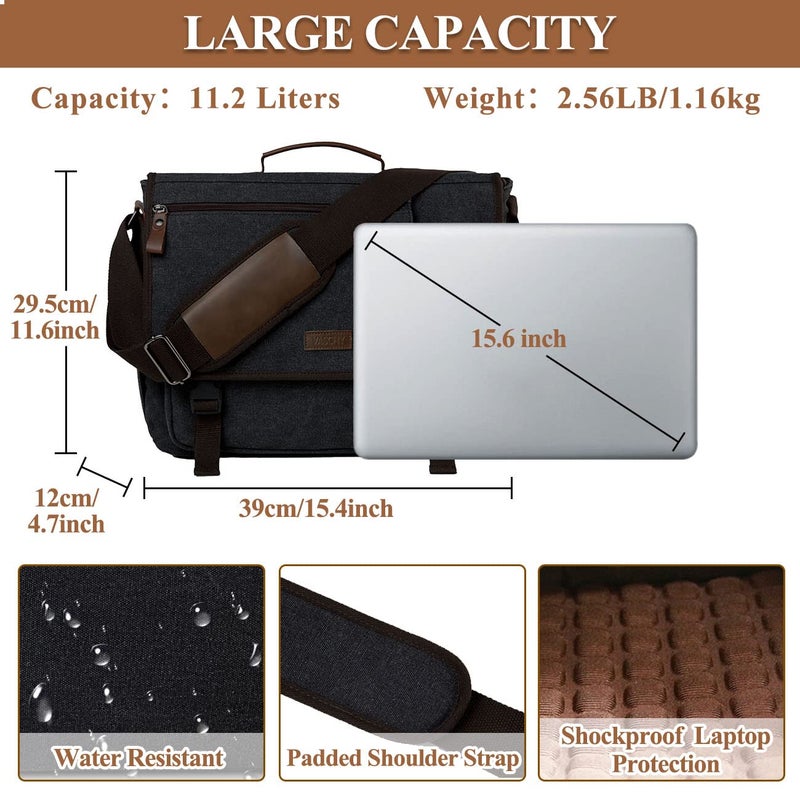 VASCHY Messenger Bag, Waxed Canvas Man Bag 15.6 inch Laptop Shoulder Bag for Men Women Water Resistant Briefcase Satchel with Shoulder Strap and Luggage Sleeve for Work,School,Business Trip (Grey) - Image 2