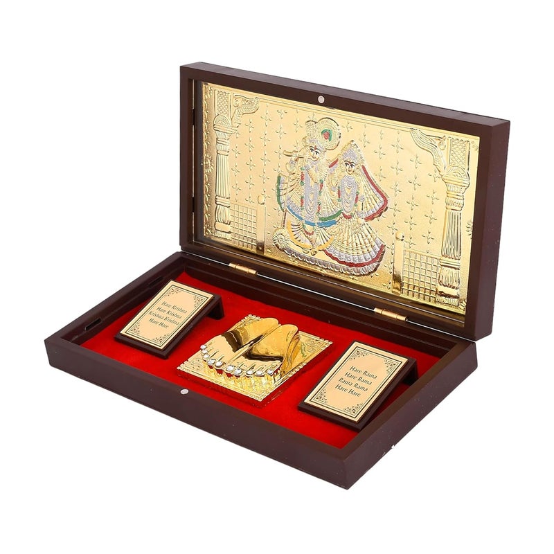 Piepot Gold Plated Radhe Shyam Charan Paduka Devotional Prayer Box Wooden Momento with Natural Fragrance Decorative Showpiece Box Packing Charan Paduka Diwali Gift - Image 2