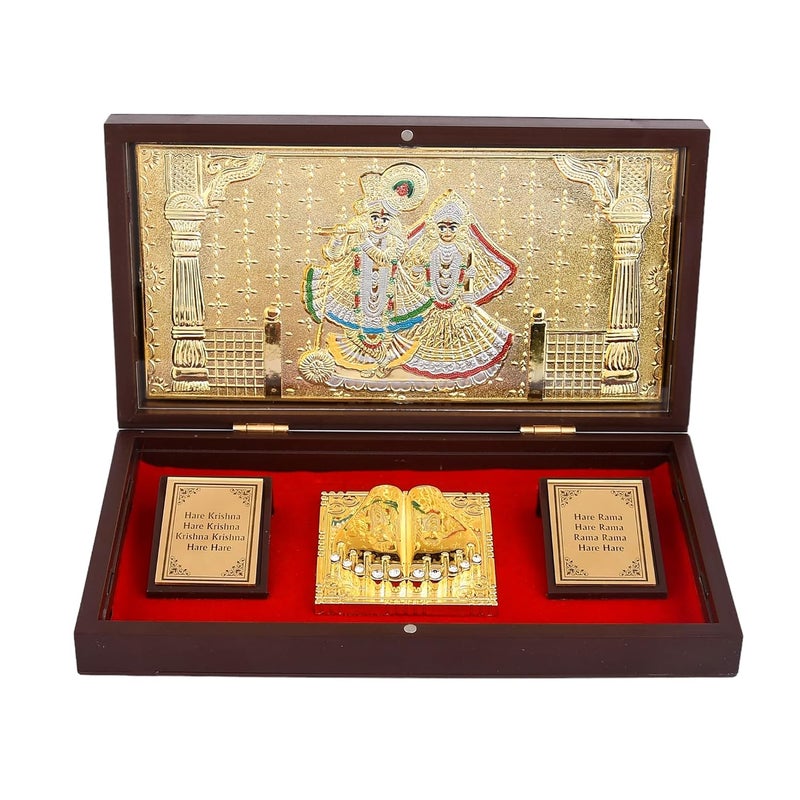Piepot Gold Plated Radhe Shyam Charan Paduka Devotional Prayer Box Wooden Momento with Natural Fragrance Decorative Showpiece Box Packing Charan Paduka Diwali Gift - Image 1