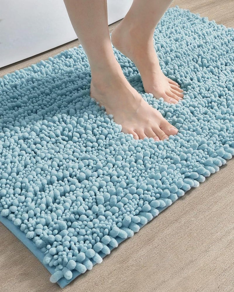 DEXI Bathroom Rug 16x24, Super Soft Thick Chenille Absorbent Bath Mat, Non Slip Machine Washable Fluffy Shag Bathmat for Tub, Shower Floor, Light Blue - Image 1