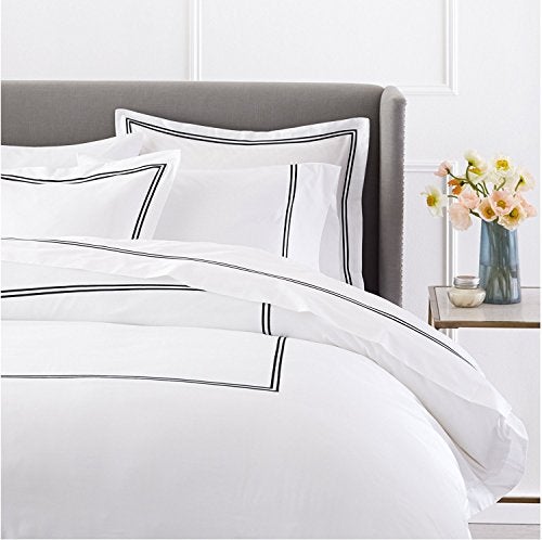 BedDecor Luxury Soft Brushed 400-Thread-Count Egyptian Cotton Embroidered Duvet Cover Set with Beautiful 2-Stripe Embroidery - - Full/Queen - White/Black - Image 1