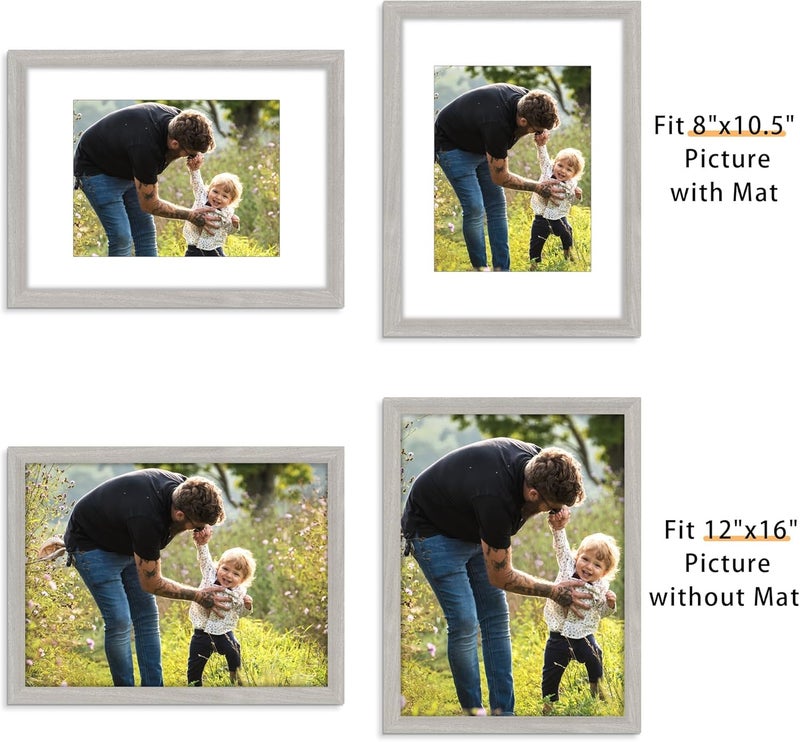Picrit 12x16 Picture Frame Set of 12, Display 8.5x11 with Mat or 12x16 Without Mat, Photo Frames for Wall Mounting Display, Gray. - Image 2