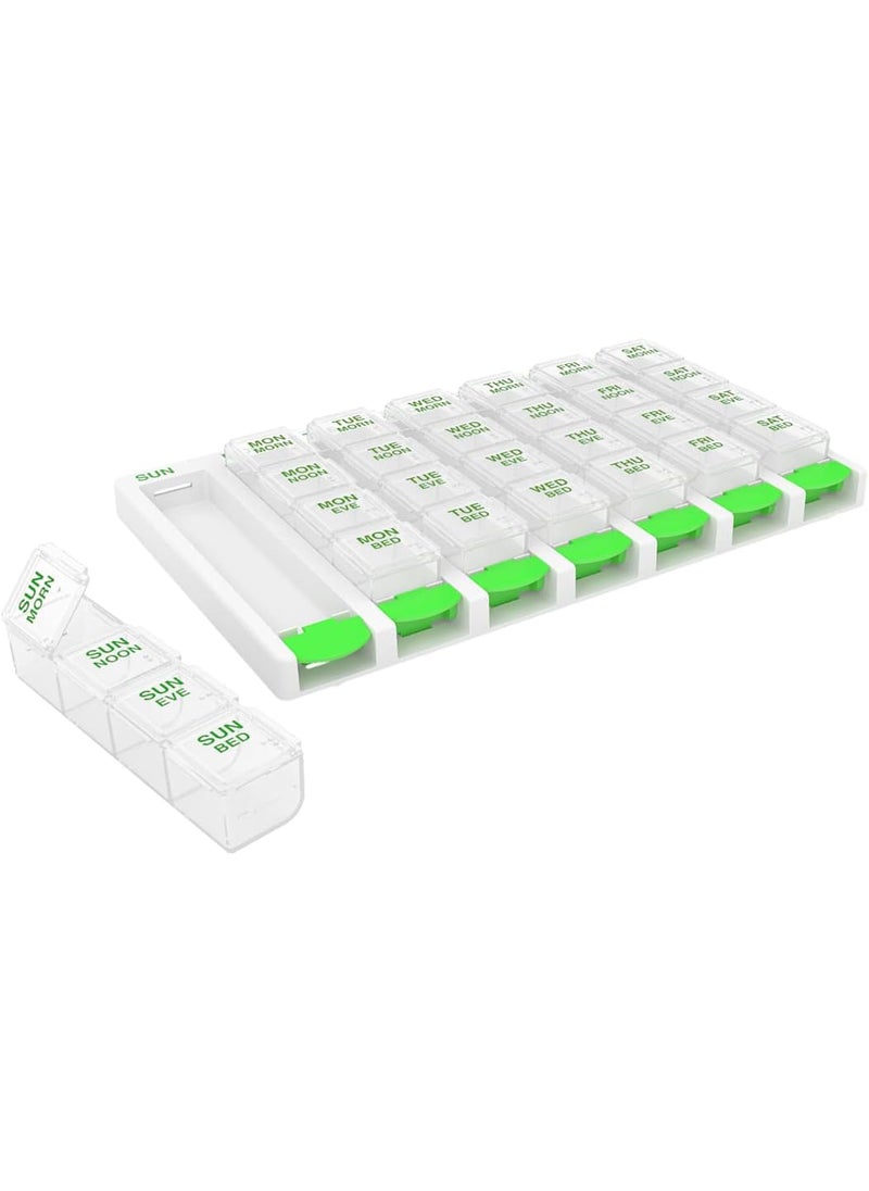 Ezy Dose EZY DOSE Weekly (7 Day) 4 Times a Day Push Button Pill Organizer and Vitamin Planner, Removable Daily Pillboxes, Green, Convenient and Easy to Use, Clear Lids, Large, BPA Free 