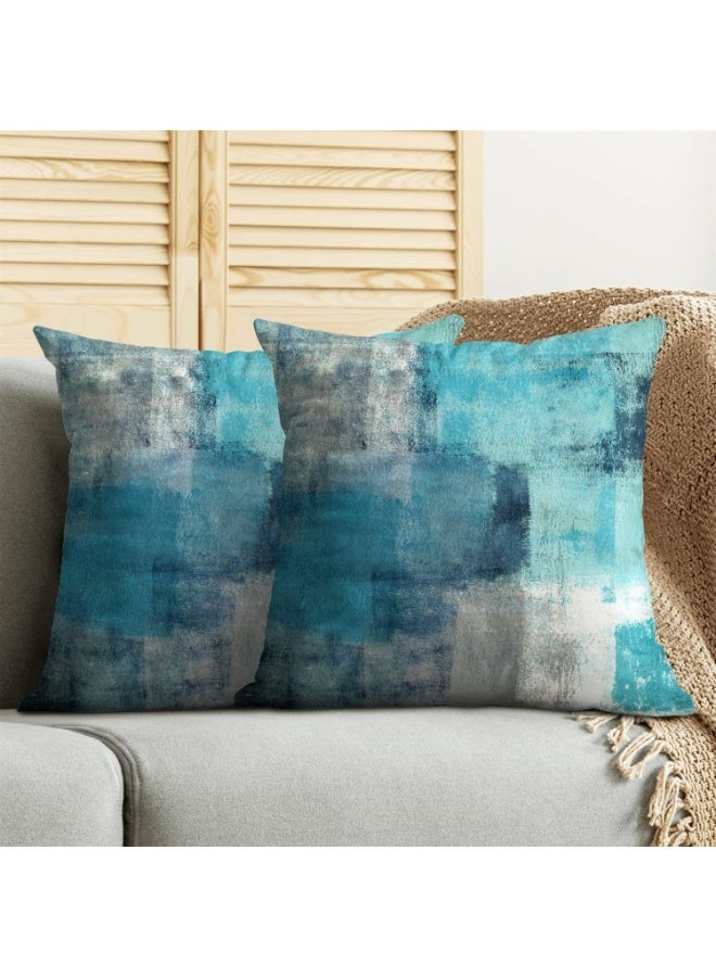 Turquoise Grey Throw Pillow Covers, Teal Modern Abstract Art Painting Throw Pillows for Couch, Gray Blue Artwork Pillow Covers 18x18 Inch 2 Pcs Square Cushion Cover Gift for Couch Sofa - Image 1