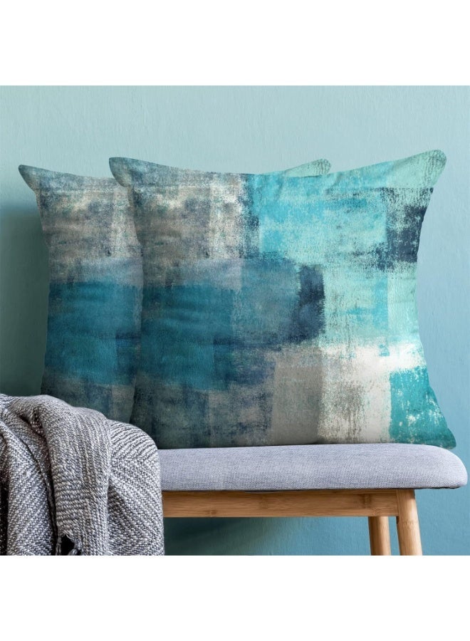 Turquoise Grey Throw Pillow Covers, Teal Modern Abstract Art Painting Throw Pillows for Couch, Gray Blue Artwork Pillow Covers 18x18 Inch 2 Pcs Square Cushion Cover Gift for Couch Sofa - Image 2
