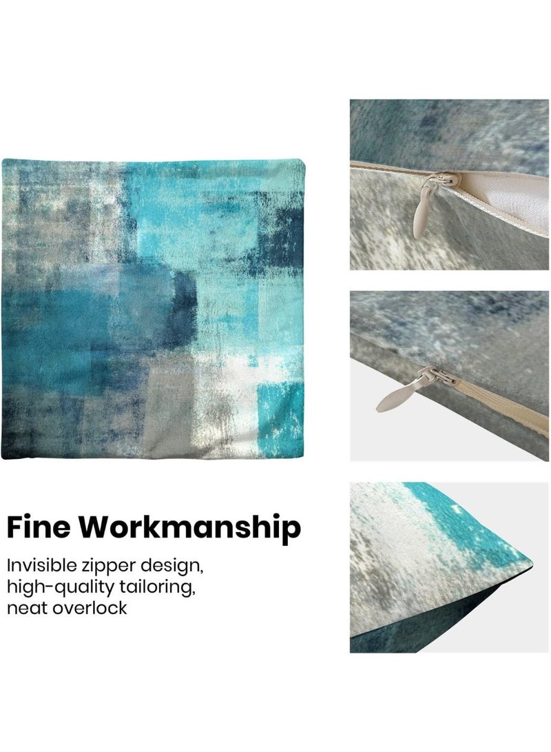Turquoise Grey Throw Pillow Covers, Teal Modern Abstract Art Painting Throw Pillows for Couch, Gray Blue Artwork Pillow Covers 18x18 Inch 2 Pcs Square Cushion Cover Gift for Couch Sofa - Image 4