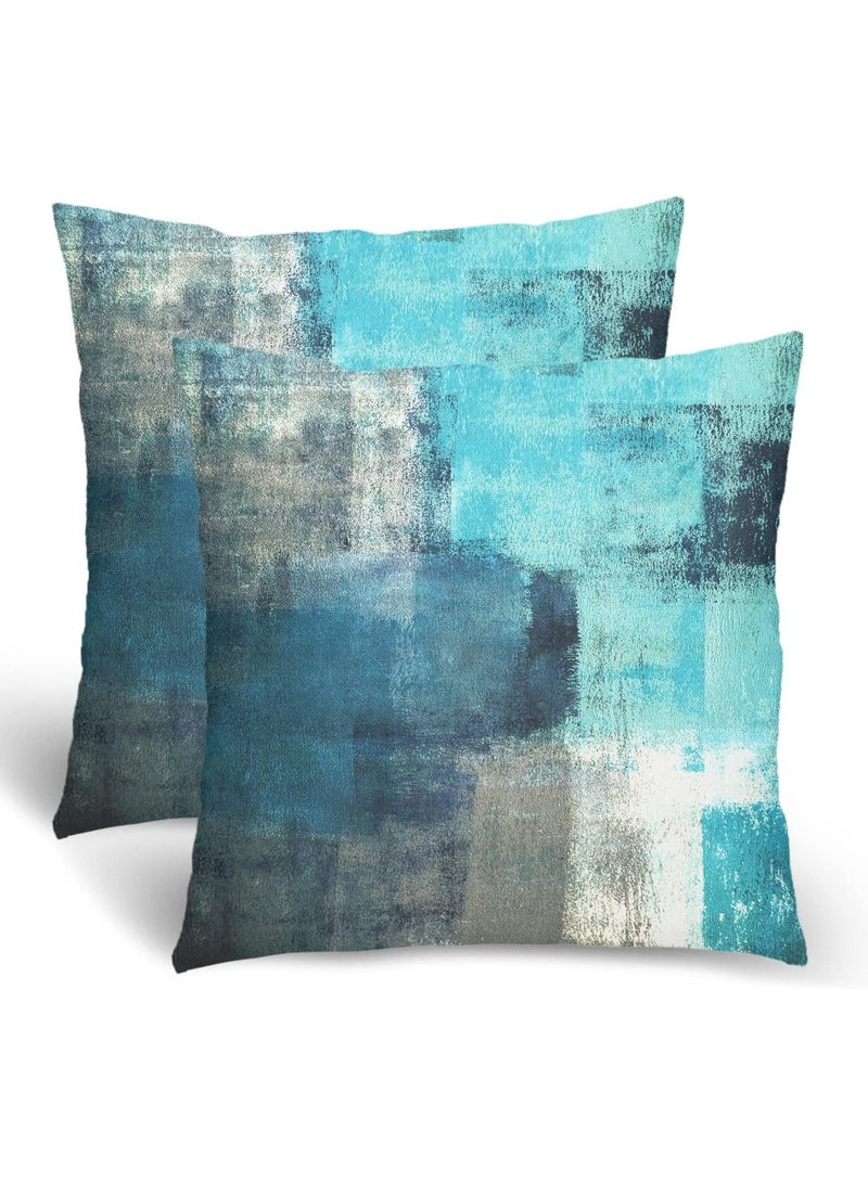 Turquoise Grey Throw Pillow Covers, Teal Modern Abstract Art Painting Throw Pillows for Couch, Gray Blue Artwork Pillow Covers 18x18 Inch 2 Pcs Square Cushion Cover Gift for Couch Sofa - Image 5